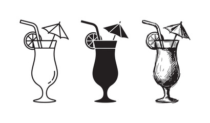 Collection of Three Tropical Cocktail Icons Featuring Lemon and Umbrella, in Outline, Solid, and Hand-Drawn Art © Ірина Гринюк