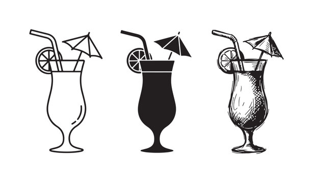 Collection of Three Tropical Cocktail Icons Featuring Lemon and Umbrella, in Outline, Solid, and Hand-Drawn Art