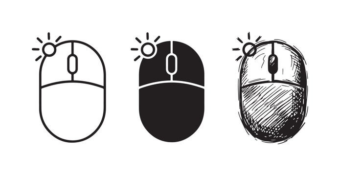 Computer mouse icon with highlighted left-click button in outline, solid black, and hand-drawn sketch styles.