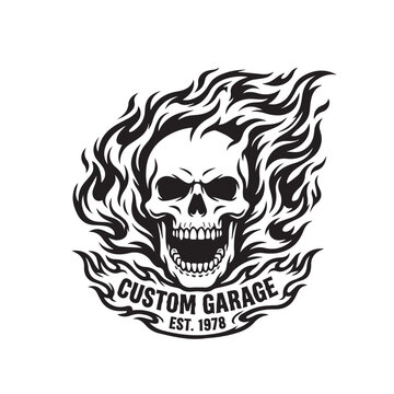 Custom Garage Flaming Skull Vintage Emblem Design.