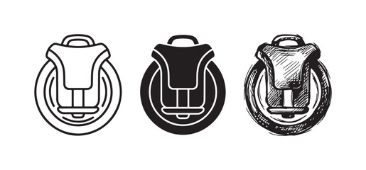 Electric unicycle icons with slight angle, in outline, solid, and hand-drawn doodle styles. © Ірина Гринюк