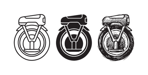 Electric unicycle icons from front view, in outline, solid, and hand-drawn doodle styles. © Ірина Гринюк