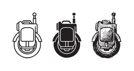Electric unicycle with extended handle icons in outline, solid, and hand-drawn doodle styles. © Ірина Гринюк