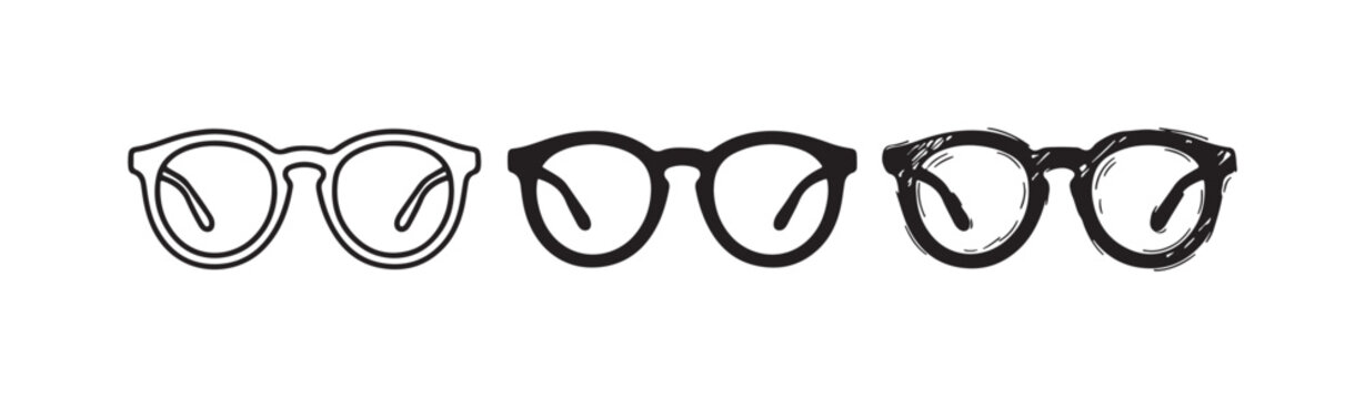 Round eyeglasses icon set in outline, solid black, and hand-drawn doodle styles for optometry and vision.