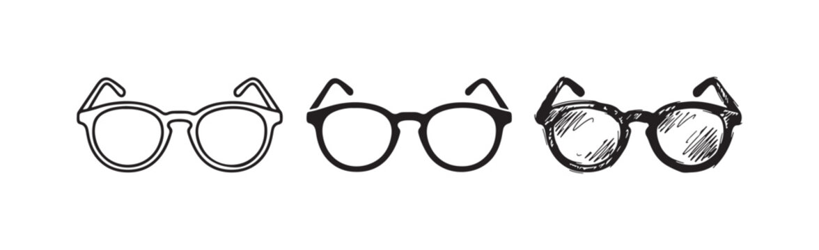 Eyeglasses icon set with outline, solid, and hand-drawn doodle styles for vision, optics, and fashion.