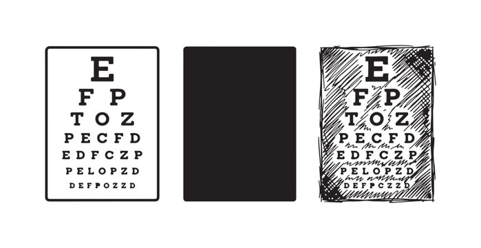 Snellen eye chart icon set in outline, solid black, and hand-drawn doodle styles for ophthalmology and vision testing.