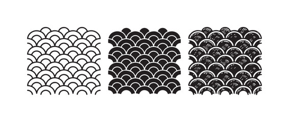 Three versions of a stylized fish scale or wave pattern, rendered in outline, solid, and hand-drawn doodle styles. © Ірина Гринюк