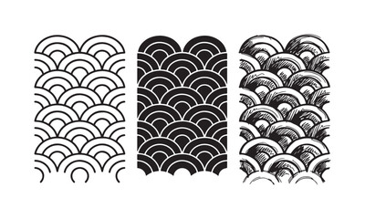 Three versions of a stylized fish scale or wave pattern, rendered in outline, solid, and hand-drawn doodle styles, covering a rectangular area. © Ірина Гринюк