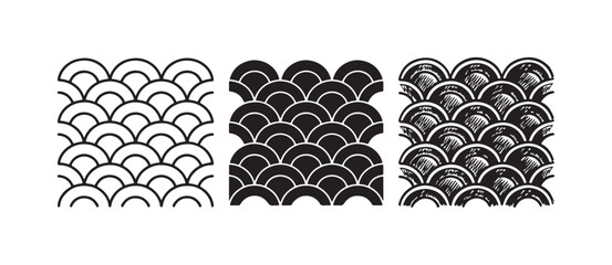 Three versions of a stylized fish scale or wave pattern, rendered in outline, solid, and hand-drawn doodle styles. © Ірина Гринюк