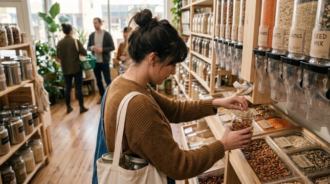 Woman shopping for bulk nuts and grains in a zero waste eco-friendly grocery store, sustainable lifestyle concept, customer filling glass jar at refill station