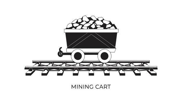 Very beautiful black and white vector illustration of a MINING CART with detailed rail transport structure and realistic mining styling, isolated on white background, with the label "MINING CART" disp