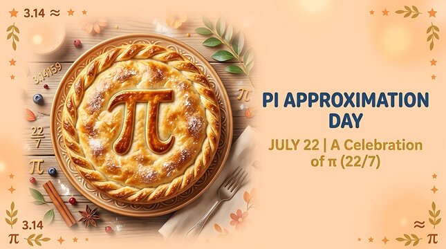 Pi approximation day celebration with baked pie and mathematical symbols july 22
