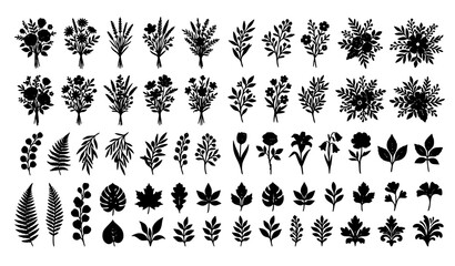 Vector collection of black botanical silhouettes including wild flower bouquets wedding wreaths fern leaves and branches on white background © Md