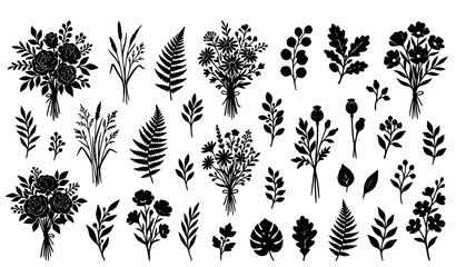 Vector collection of floral silhouettes including flower bouquets wild grass fern leaves and branches on white background © Md