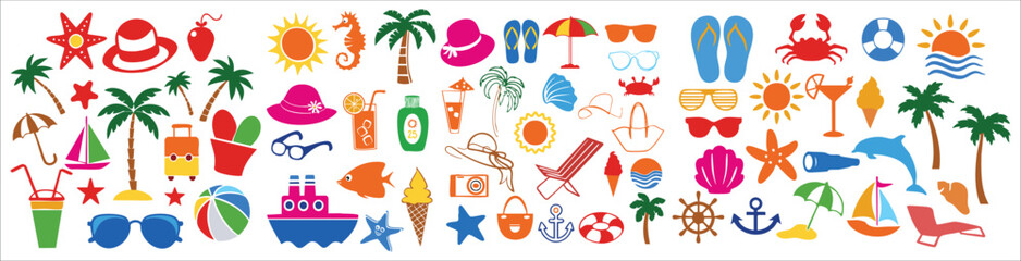 Summer Beach Travel Icons Vector Set, Colorful Tropical Vacation Collection with Palm Trees, Sunglasses, Seashells and Holiday Symbols © Ms Rozi