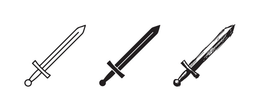 Three broadsword icons in outline, solid, and hand-drawn styles, depicting a classic straight blade and guard, angled slightly
