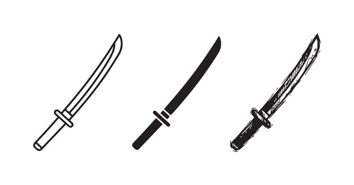 Three katana or saber sword icons in outline, solid, and hand-drawn styles, featuring a curved blade and a distinctive hilt