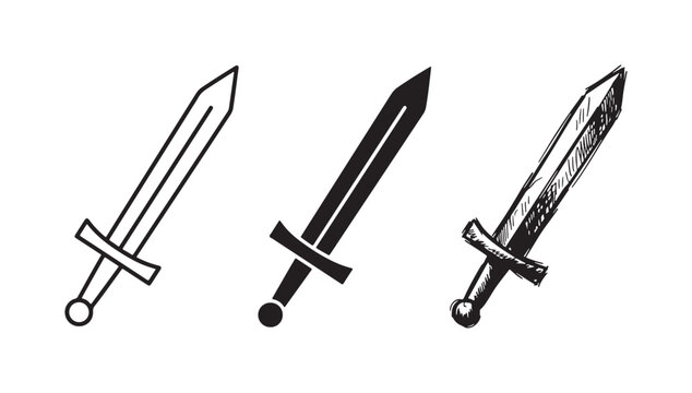 Three broadsword icons in outline, solid, and hand-drawn styles, depicting a classic straight blade and guard, angled slightly