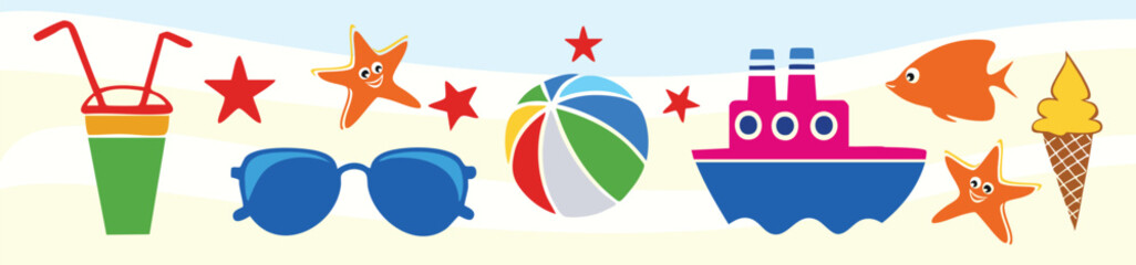 Summer Beach Travel Icons Vector Set, Colorful Tropical Vacation Collection with Palm Trees, Sunglasses, Seashells and Holiday Symbols © Ms Rozi
