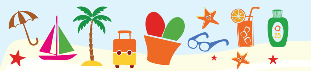 Summer Beach Travel Icons Vector Set, Colorful Tropical Vacation Collection with Palm Trees, Sunglasses, Seashells and Holiday Symbols © Ms Rozi