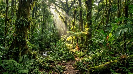 Obraz premium Green grass in a lush forest with trees in the morning light