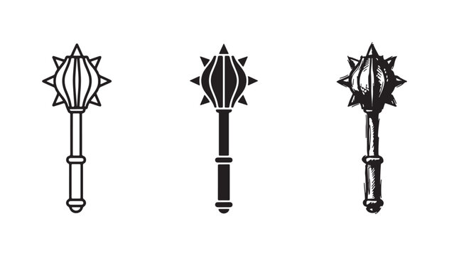 Medieval flanged mace weapon icons in line, glyph, and hand-drawn sketch styles.