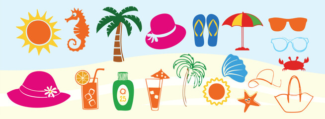 Summer Beach Travel Icons Vector Set, Colorful Tropical Vacation Collection with Palm Trees, Sunglasses, Seashells and Holiday Symbols © Ms Rozi