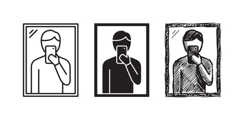Fototapeta premium Person taking a mirror selfie with smartphone icons in line art, solid silhouette, and expressive sketch styles
