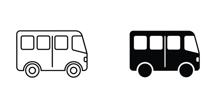 Set of minibus icons in outline and solid black style for public transportation and travel design