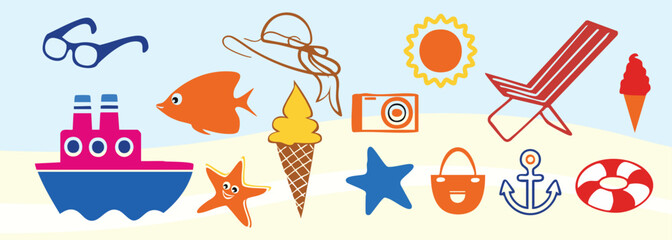 Summer Beach Travel Icons Vector Set, Colorful Tropical Vacation Collection with Palm Trees, Sunglasses, Seashells and Holiday Symbols © Ms Rozi