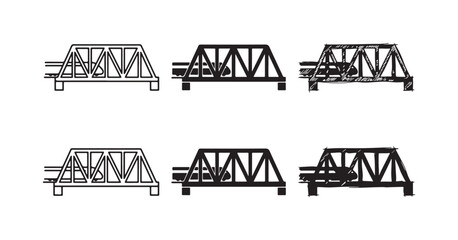Set of six icons depicting a truss bridge with a train, showing trains moving left and right, in outline, solid, and hand-drawn sketch styles. © Ірина Гринюк