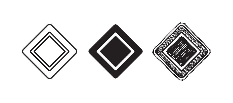 Set of three diamond-shaped icons with rounded corners, showing a main road or priority road sign in outline, solid black, and hand-drawn sketch styles.
