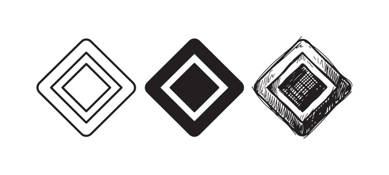 Set of three diamond-shaped icons with slightly rounded corners, representing a main road or priority sign in outline, filled, and hand-drawn sketch styles.