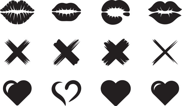 Kiss lips and love icon set, vector illustration featuring lipstick kiss marks, hearts, X symbols, and romantic affection elements in a clean modern style ideal for Valentine&rsquo;s Day, relationships, 