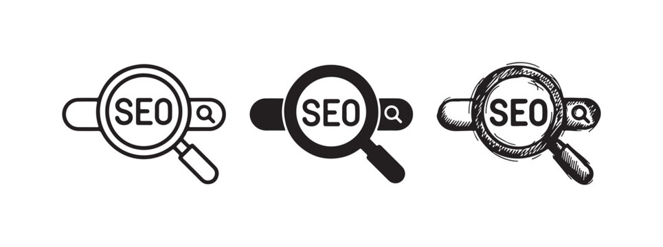 SEO query icon set featuring a magnifying glass with "SEO" text and a query 'Q' symbol, representing search engine optimization keyword research in outline, solid, and hand-drawn styles.