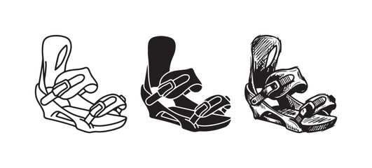 Obraz premium Snowboard Binding Icons Set: Outline, Solid, and Hand-Drawn Doodle Style Winter Sport Equipment Accessory Symbols