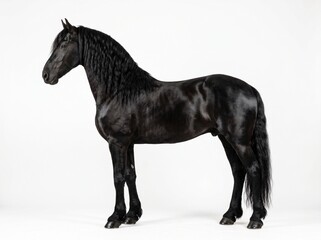 Fototapeta premium Majestic black Friesian horse standing in profile, elegant purebred stallion with long wavy mane, powerful dark equine portrait on white background