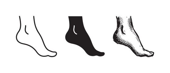 Obraz premium Three human foot icons, featuring outline, solid black, and hand-drawn sketch styles for anatomical representation.