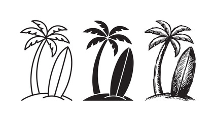 Set of three tropical palm tree and surfboard icons in outline, solid, and hand-drawn sketch styles. © Ірина Гринюк