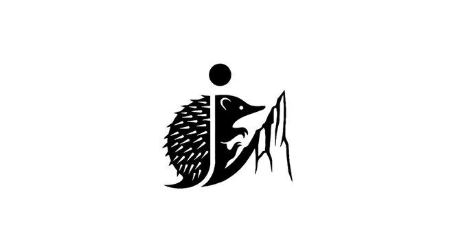 Black and white hedgehog illustration with ink splatter design.