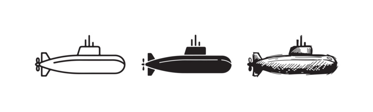Submarine icon set with multiple periscope lines and propeller, in outline, solid glyph, and hand-drawn sketch styles.