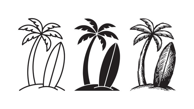 Set of three tropical palm tree and surfboard icons in outline, solid, and hand-drawn sketch styles.