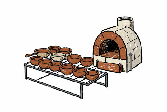 Pottery Kiln With Clay Pots On Drying Rack.