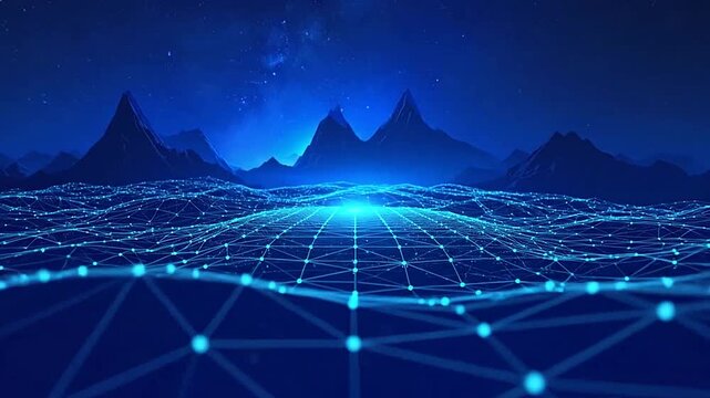 A digital landscape with glowing nodes and mountain silhouettes