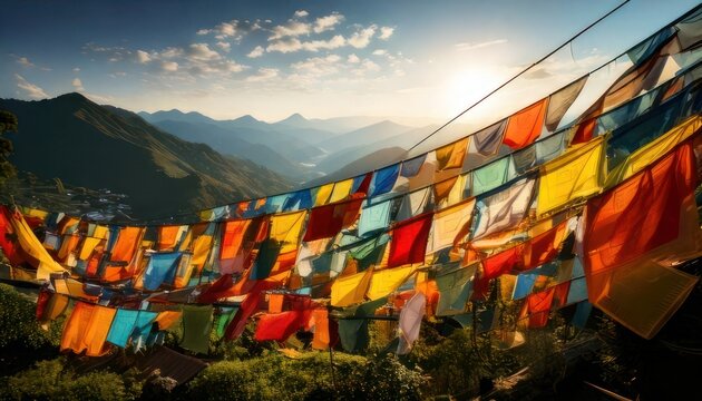 Colorful prayer flags flutter against a backdrop of majestic mountains.