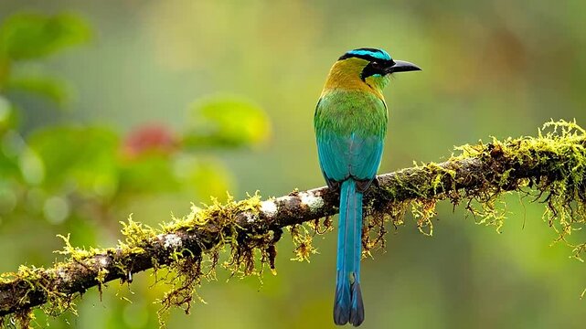 A vibrant tropical bird perches on a mossy tree branch