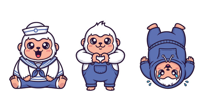 Cute cartoon monkeys in various adorable outfits poses.