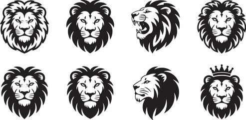 Lion emblem and wildlife vector collection, black and white icon set showcasing detailed lion heads, mane designs, fierce expressions, and royal animal graphics suitable for outdoor brands, gaming, © Mamun