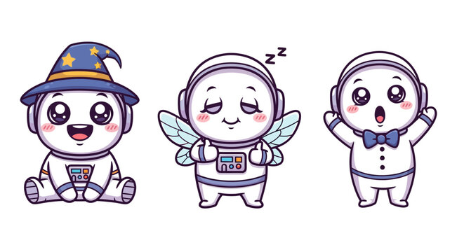 Cute cartoon robot characters with fun costumes and expressions.