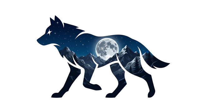 Wolf Silhouette with Full Moon and Mountain Night Landscape